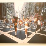 Legendary New York City bike messenger Steve Athineos leads the bike messenger protest in 1987 (Original photo by Carl Hultberg)